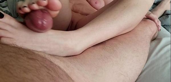  Amateur wife naked footjob with tits and cumshot on black toenails